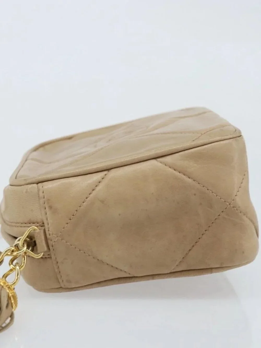 CHANEL Matelasse Chain Shoulder Bag Lamb Skin Beige Gold CC Auth gh1759